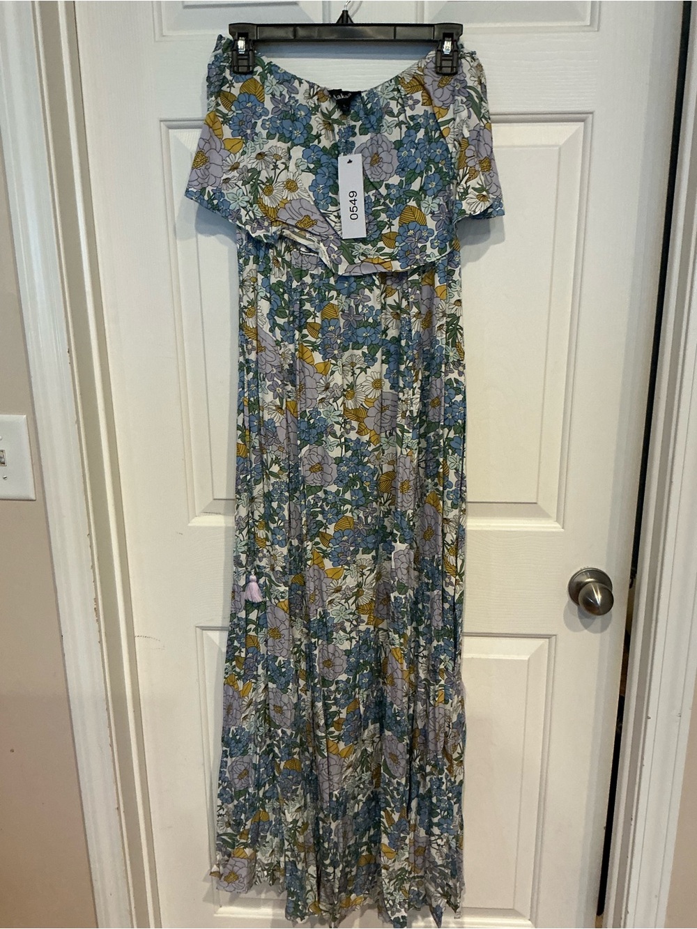 Aakaa Blue and White Floral Strapless Maxi Dress